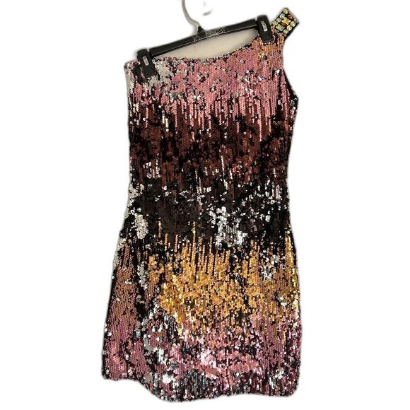 EMOTION Design Sequin One Shoulder Sparkle Gem Mini Cocktail Dress Size Medium - Picture 15 of 16